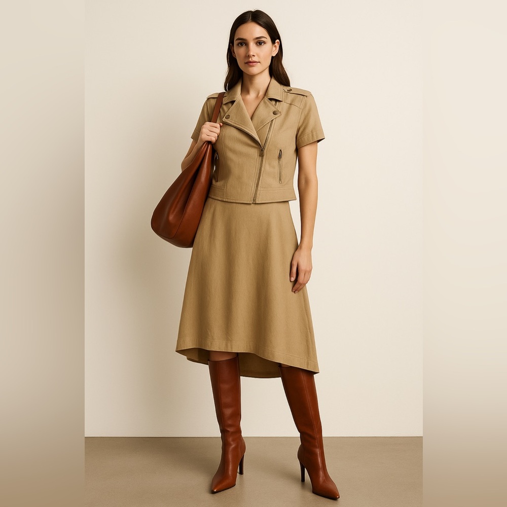 Tailored Short-Sleeve Moto Jacket & A-Line Skirt Set in Tan